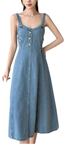 Yishengwan Salopette Jeans Gonne Lunga Donna Elegante Vestito Lungo con Bretelle, Vestito Salopette Donna Jeans Azzurro L