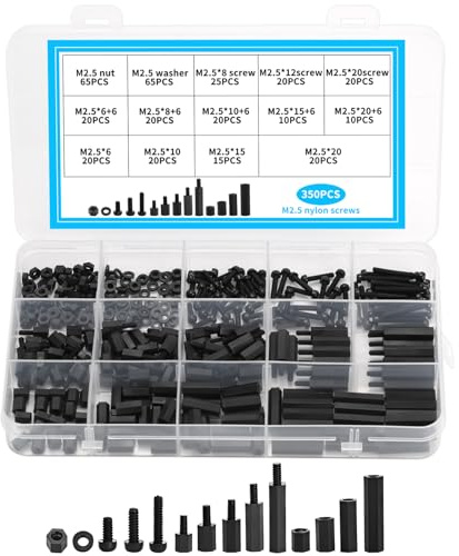 350 Pezzi Kit Assortito M2.5 Distanziatori Esagonali Nylon Nero, Maschio Femmina Nylon Hex Distanziatore Vite Dado