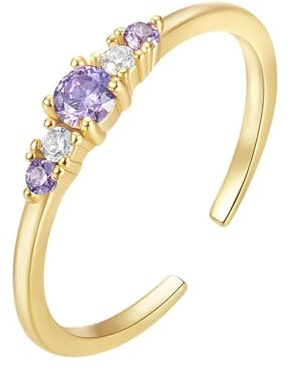 Lirzxin Förlovningsringar, Gult Guld Ring Kvinna 18K Öppet Justerbar Design med Rund Ametist Och Moissanite Bröllopsringar Gult Guld För Mamma, Flickvän, Brud