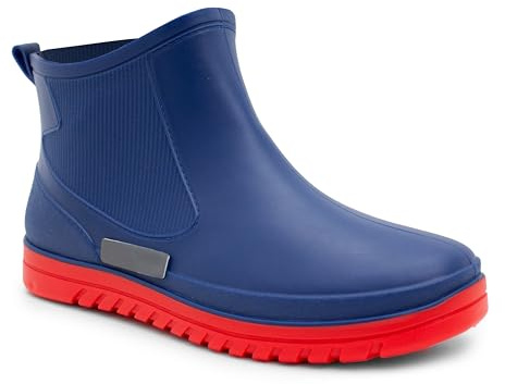 IMTY Mens Ankle Wellies Boots Short Slip On Waterproof Garden Chelsea Rain Boot Snow Farm Gardening Outdoor Festival Wellingtons (Blue/Red, 6, UK Footwear Size System, Adult, Men, Numeric, Medium, 6)