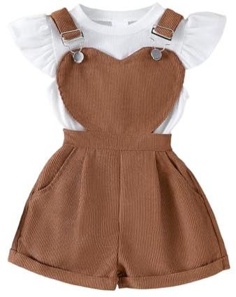 JENJON Completo Salopette Corta per Bambina Vestiti Set Top a Coste a Maniche Corte Con Volant + Pantaloncini Con Bretelle Regolabili 2 Pezzi Estivo Abiti Set Cuore marrone 2-3 Anni