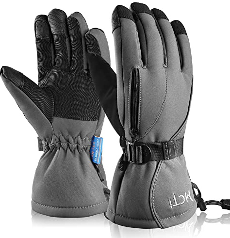 MCTi Waterproof Mens Ski Gloves Winter Warm 3M Thinsulate Snowboard Snowmobile Cold Weather Gloves Grey Large