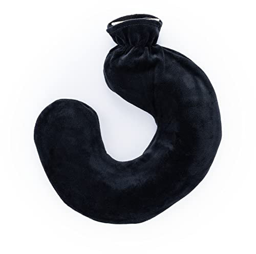 LIVIVO 1L Neck & Shoulder U-Shaped Hot Water Bottle – Soft Fleece Cover Hot Water Bag for Winter Warmth, Pain & Stress Relief – Removable Washable Sleeve and Leakproof Screw Cap – Black