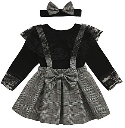 Verve Jelly Conjunto de falda con tirantes a cuadros para niñas pequeñas, blusas de encaje de manga larga, vestido con tirantes y diadema, 3 piezas, trajes de primavera y otoño, negro, 90, 1-2 años