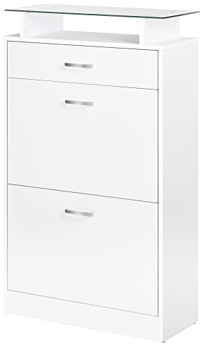 HOMCOM Schuhschrank Aufbewahrungsmöbel für Schuhe 2 Klapptüren 2 Fächer, Schublade, Glasplatte - Holz Eiche Weiß