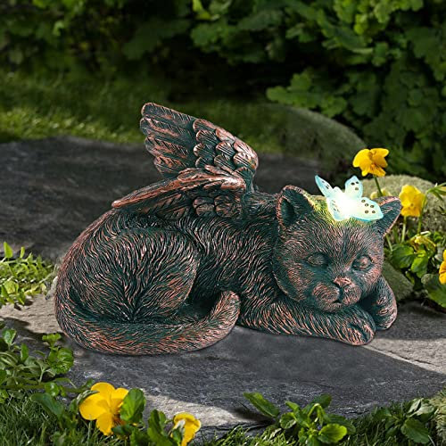 Yeomoo Katze Engel Solar Gartendeko Figuren für Außen mit Buttfly, Wetterfeste Tierstatue Balkon Deko, Schlafende Katze Solarbetrieben Figur Deko Grabschmuck Grabstein Geschenke für Frauen Mama Kupfer