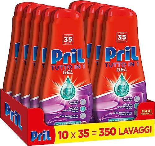 Pril Gel All in One Igiene, Detersivo Lavastoviglie Liquido con Bicarbonato, Multi-Azione Sporco Difficile, confezione risparmio 10 flaconi da 35 Lavaggi (350 lavaggi)