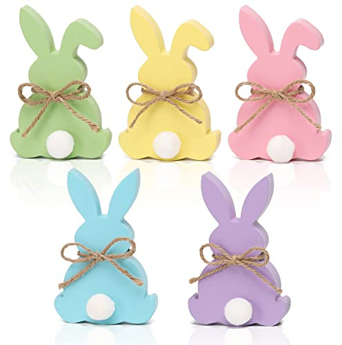 Easter Decorations, 5pcs Wooden Easter Bunny Table Sign with Jute Rope, Easter Wood Tiered Tray Decor Freestanding Easter Table Decorations
