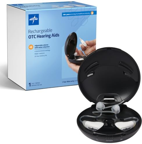 Medline Comfortable & Rechargeable OTC Hearing Aids, White, Behind-The-Ear, 4 Environmental Settings, Water Resistant, Adjustable Volume, Mild to Moderate Hearing Loss, Noise Reduction