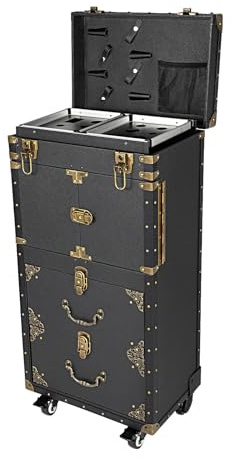 Trolley vintage da parrucchiere, valigetta da viaggio, carrello da lavoro, cosmetico, professionale, per salone, trucco, da donna, con valigetta per trucco, 4 pezzi, colore nero, Nero ,