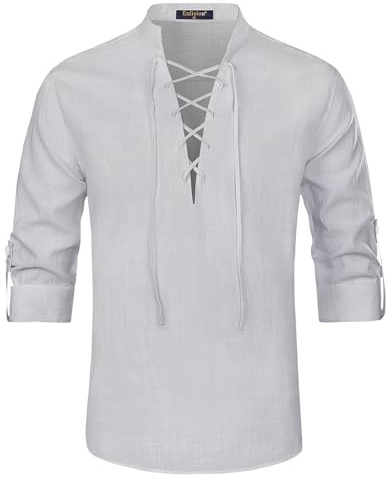 Enlision Camisa Pirata de Lino para Hombre Camisa Retro Medieval con Cordones para Cosplay Vikingo Hippie a Juego Gris Claro XL