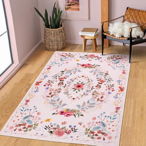 TUKDAK Rosa Blume Teppich Wohnzimmer 120x170cm, Waschbar Anti-Rutsch Teppich Schlafzimmer, Boho Kurzflor Weicher Modern Teppiche Küchenteppich Wohnzimmerteppich für Kinderzimmer Büro Esszimmer