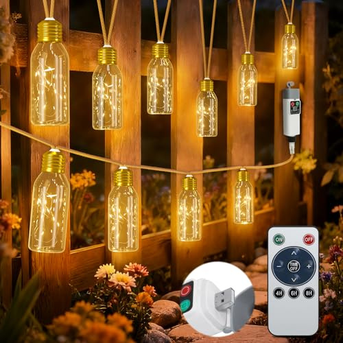 PChero Luces de jardín al aire libre alimentadas por red con control remoto, 6 m, impermeable, para exteriores, con 10 bombillas LED de plástico inastillables para cenador, pérgola, balcón, boda
