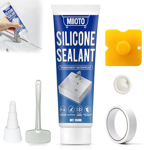 Miioto Silicona Transparente Baño Antimoho, Silicona Liquida Transparente, Silicona Baño, Sello Impermeable, Apto para Fregaderos de Cocina y Bordes de Inodoros de Baño - 150ml