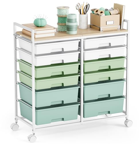 SYKIARIOL Chariot de rangement pour salle de bain à 12 tiroirs, vert | Chariot à roulettes avec plateau en bois, grande capacité, structure en acier, pour cuisine, salon, chambre à coucher, bureau