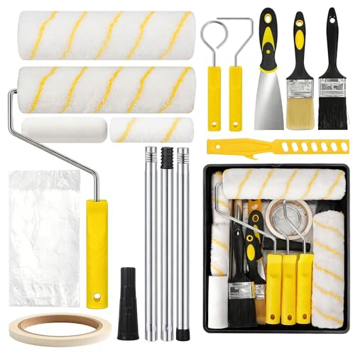 Rullo per pittura da parete, rullo di vernice con asta telescopica, 20 pezzi a pelo lungo da 9 pollici, set con pennelli da pittore, vasca, pellicola di copertura e accessori per pareti