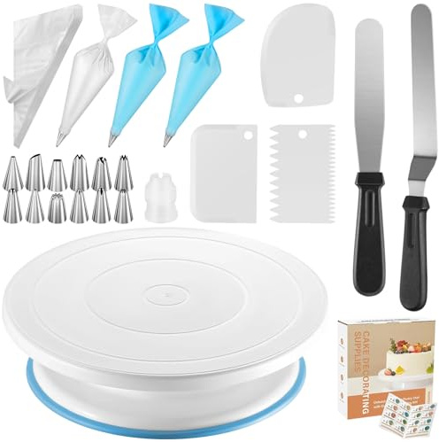 71 Tårttallrik, vridbar, tårttillbehör, set, tårtdekorationsset tårta, cupcake-prylar, tårtskiva 50 engångsspritspåsar, 12 tyllar, 3 tårtspatel, kakskrapa 2 glasyrspatel, 1 kopplingar