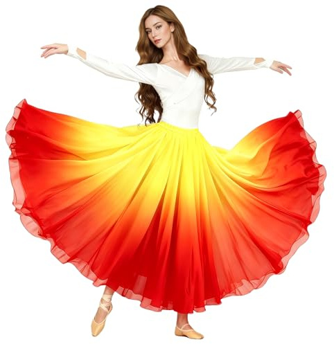 Baisdan Jupe Danse Orientale en Chiffon pour Femme, Jupe Flamenco pour Danse du Ventre et Spectacles Jaune Orange Rouge