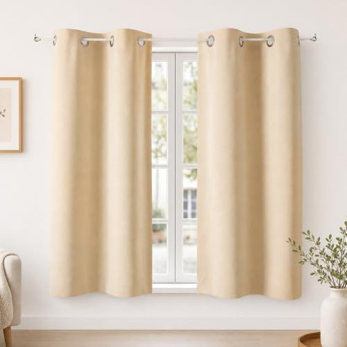 zxevg Blackout Curtains 2 Panels 74x90cm Beige | Noise reducing short curtains for kitchen, bathroom & bedroom. Easy install with 3M wire & 12 hooks. Light blocking.