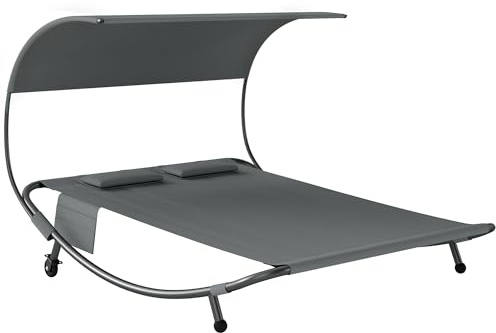 Outsunny Lettino Prendisole Doppio da Giardino con Tettuccio Rimovibile, Lettino da Giardino 2 Posti in Texteline con Ruote, 2 Cuscini, Tasche, Telaio Acciaio, per Terrazzo Piscina, Max 240kg, Grigio