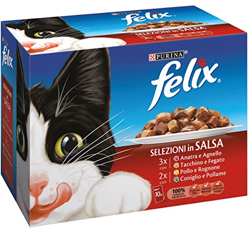 Purina Felix Humide Chat Sélections en Sauce avec Canard et Agneau, Dinde et Foie, Poulet et rognon, Lapin et volaille - 60 enveloppes de 100 g chacune (6 boîtes de 10 x 100 g)