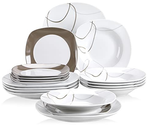VEWEET Service de table « Nikita » en porcelaine - 18 pièces - Pour 6 personnes - Avec 6 assiettes à dessert, 6 assiettes creuses et 6 assiettes plates.
