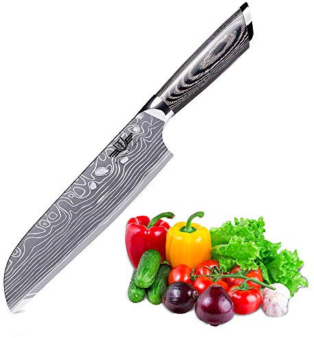Kitchen Emperor Couteau Santoku, Couteau de Cuisine Professionnel, Lame en Acier Allemand Haute teneur en Carbone de 17.8 cm avec poignée Ergonomique Confortable, Anti-Rouille et résistant à l'usure