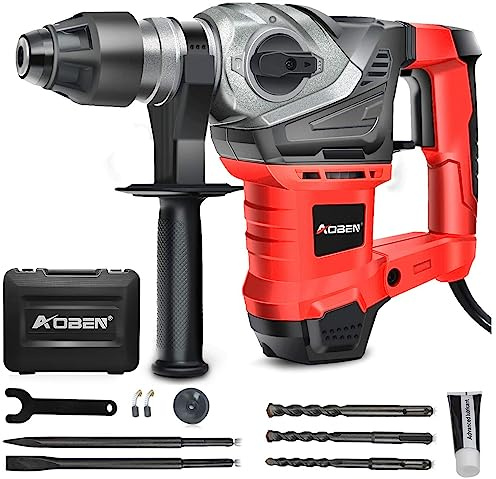 AOBEN Rotary Hammer Drill with Vibration Control and Safety Clutch,13 Amp Heavy Duty 1-1/4 Inch SDS-Plus Demolition Hammer for Concrete-Including 3 Drill Bits,Flat/Point Chisels.
