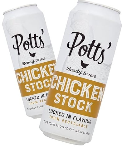 Potts’ Chicken Stock in Can, 500ml, Pack of 2 - Canned Chicken Broth for Soups, Sauces, & Stews - Flavour Enhancer Made with Chicken Fat & Bones - Easy Open Can, Ready to Use Stock