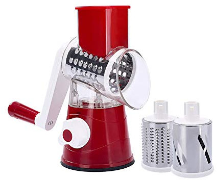 Hosoncovy Râpe à fromage rotative à ventouse avec 3 lames de tambour amovibles pour légumes, noix, etc. (rouge)