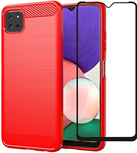 Folmecket Samsung galaxy A22 5G Case, With Screen Protector Carbon Fiber Scratch Resistant,Shock Absorption Soft TPU Rubber Protective Cell Phone Cover for Samsung A22 5G 6.6 (A22 5G Red)