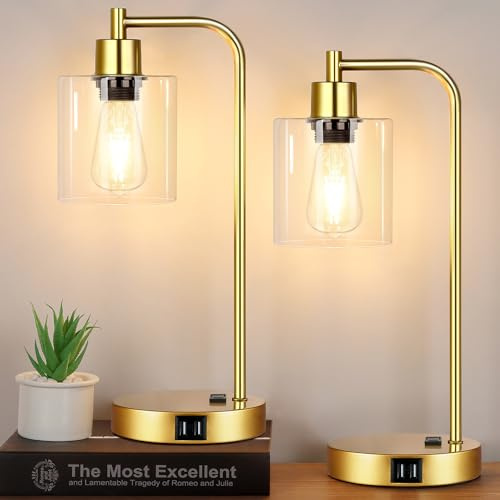 Industrial Touch Control Table Lamps Set of 2 - Gold Nightstand Bedside Lamps with 2 USB Ports & AC Outlet, 3-Way Dimmable Desk Lamp for Bedroom Living Room, Glass Shade & 2 LED Bulbs Included