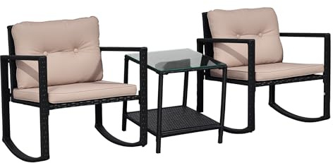 Outsunny Ensemble de Jardin 3 pièces Style Cosy 2 fauteuils à Bascule avec Coussins Assise Dossier + Table Basse en Verre trempé Cadre en Acier résine tressée Imitation rotin Noir et Marron