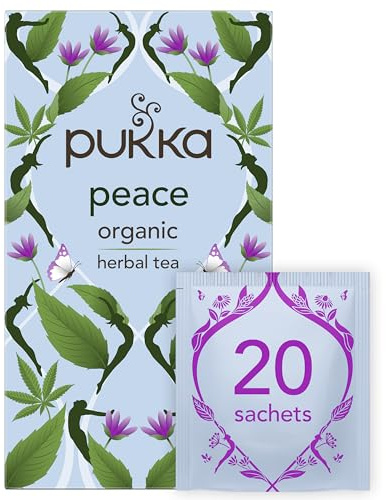 Pukka Organic Peace Herbal Tea with Spearmint, Ashwagandha, and Hemp Seed Oil, Caffeine Free, 20 Total Tea Bags