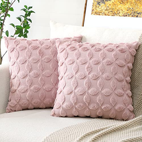 Artscope 2er Set Wolle Kissenbezüge Weicher Plüsch Kurzer Wollsamt Dekokissenbezuge Luxuriöses Sofakissen Boho Kissenhülle für Sofa Schlafzimmer Blumenmuster Rosa, 50x50cm