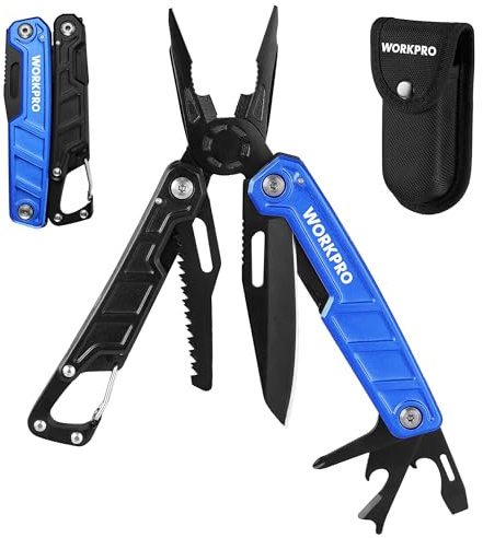 WORKPRO Alicates Multiusos, Alicate Multifunción 11 en 1, Herramienta Multifuncional Plegable de Acero Inoxidable con Alicates Sierras Destornillador para Camping Senderismo (Azul)