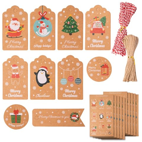 ZYDYRX 100 pezzi Etichette Regalo Natalizie Appendere Etichette Natalizie Xmas Etichette Carta Kraft Marrone con Cordoncino Colorato Corda Iuta per Decorazioni Natalizie Artigianali B