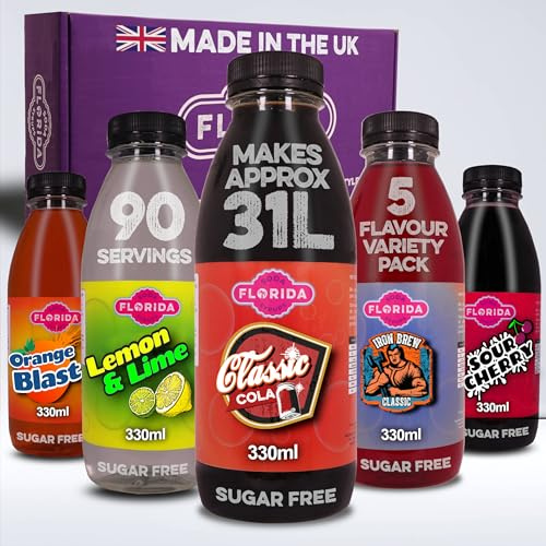 Florida Soda Syrup Compatible With Sodastream - Classic Range Apartame & Sugar Free | Iron Brew, Lime & Lemon, Orange, Cola, Sour Cherry Concentrated Flavours (Classic Sugar Free, 5 Pack)