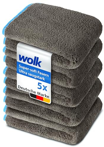 wolk Auto Trockentücher 5er Set – 1200 GSM Mikrofaser 40x40 cm – Saugstark, Kratzfrei, Fusselfrei – Extra groß, langlebig – Grau/Türkis – Für Auto & Motorrad
