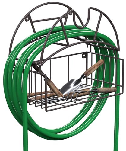 Soporte para manguera de jardín, soporte para manguera de agua de montaje en pared con cesta de almacenamiento de herramientas, soporta hasta 150 pies, organizador de manguera para patio exterior