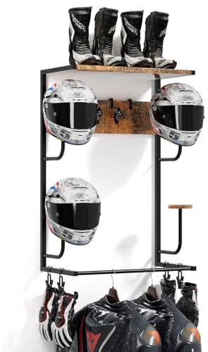 OMISRUIS Motorcycle Helmet Holder Wall-Mounted Helmet Rack with 4 Glove Chips& Hooks - Rustic Bike Helmets Storage Organizer, Universal Wall Mount for Helmets, Gear, Clothes, Accessories,Retro