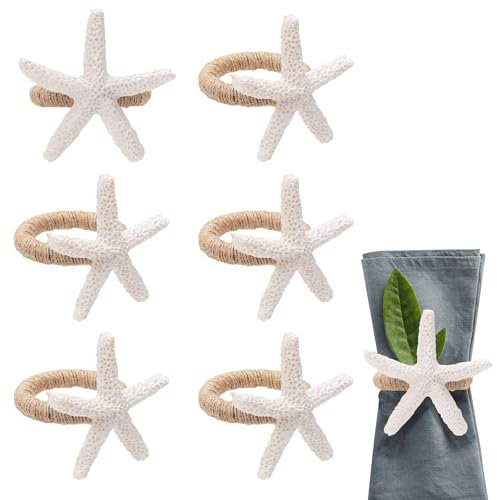 6pcs Starfish Napkin Rings, White Sea Star Napkin Ring Holders Rustic Serviette Buckles for Crafts Dinning Dinner Table Summer Party Banquet Wedding Coastal Beach Holiday Home Decoration