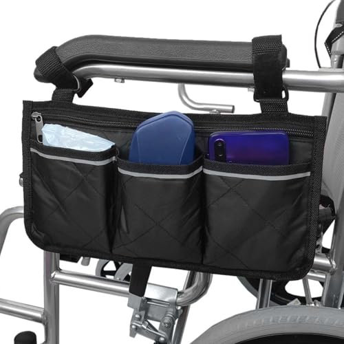 Rollstuhltasche für Armlehne Armlehnentasche mit Becherhalter und Reflektorstreifen Sichere Aufbewahrungstasche für Rollstühle für Walker, Mobility Scooter, Rollatoren