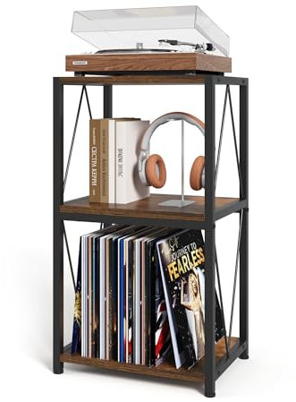 HFHOME Record Players Stand, 3 Tier End Table with Vinyls Record Storage, Records Player Table with Storage, Turntable Stand for Vinyl Player, Vinyl Records Holder for Living Room, Bedroom