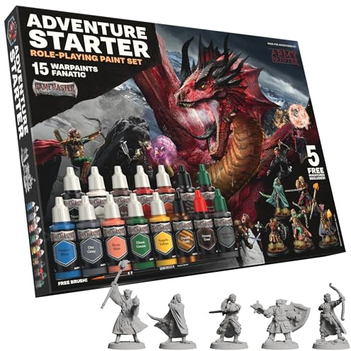 The Army Painter, GameMaster: Adventure Starter Role, 15 x 18ml Warpaints Fanatic peintures acryliques, incl. un Primer à appliquer au pinceau, 5 miniatures GRATUITES et 1 pinceau - Pour Warhammer
