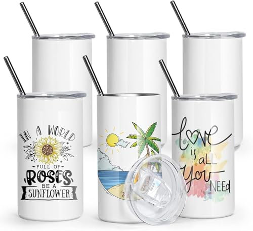sweet grain 12 oz Sublimation Tumblers Stainless Steel Straight Double Wall Vacuum 6 Pack White Kids Sublimation Tumblers Blanks with Lids and Straws for DIY Gift, Coffee, Tea, Beverage