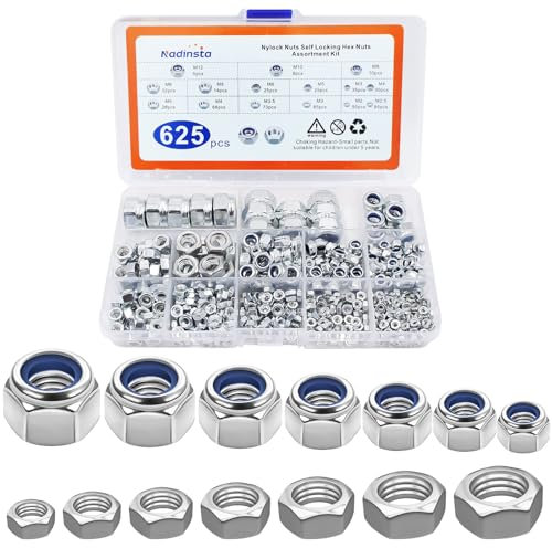 Nadinsta 625 Pièces Assortiment Kit Acier au Carbone Ecrous Frein, Ecrous Frein de Serrage Autobloquants pour Contre-Ecrou Boulon Visserie M2/M2.5/M3/M3.5/M4/M5/M6/M8/M10/M12