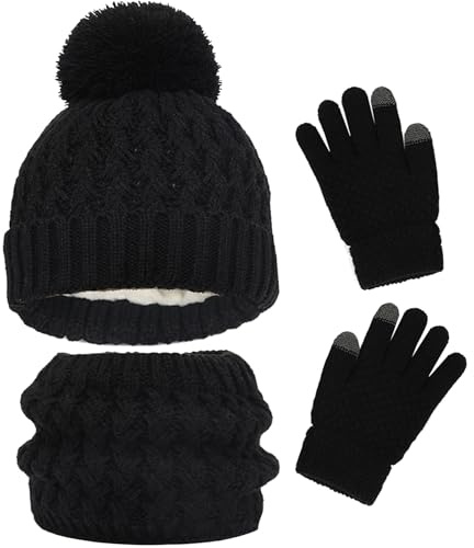 AWAVM Kids Winter Hat Scarf and Gloves Set, 3pcs Knitted Warmth Crochet Thick Fluffy Scarf Pom Bobble Hat Two Fingers Touch Screen Gloves Set for Boys and Girls 2-8 (Black)