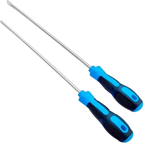 PRITOK 2 Stück Schraubendreher Lang: Kreuzschlitzschraubendreher und Flachschraubendreher, Schraubendreher Magnetisch aus Chrom-Vanadium-Stahl mit Rutschfeste Griffen für DIY-Handwerkzeug(Blau)