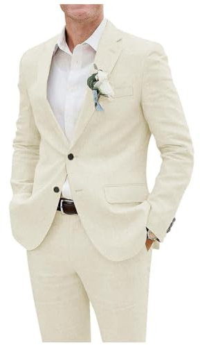 Pantalones tipo blazer de lino de 2 piezas para hombre, con solapa de muesca de un solo botonadura, esmoquin ligero para negocios y bodas, crema, S
